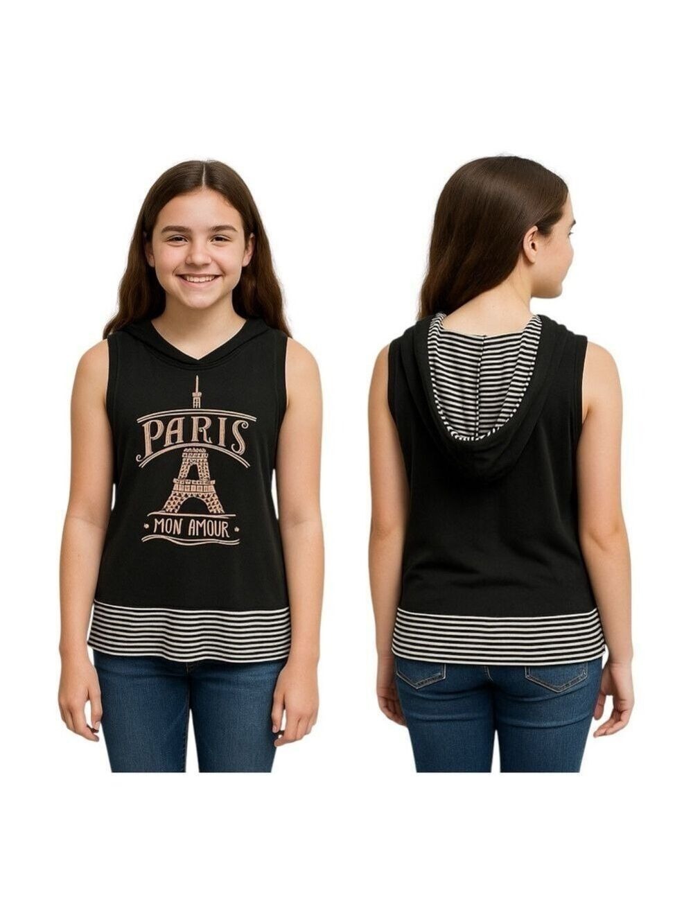 Lily Bleu Girl’s Teen Size L (14) Sleeveless Hooded Paris Black Top